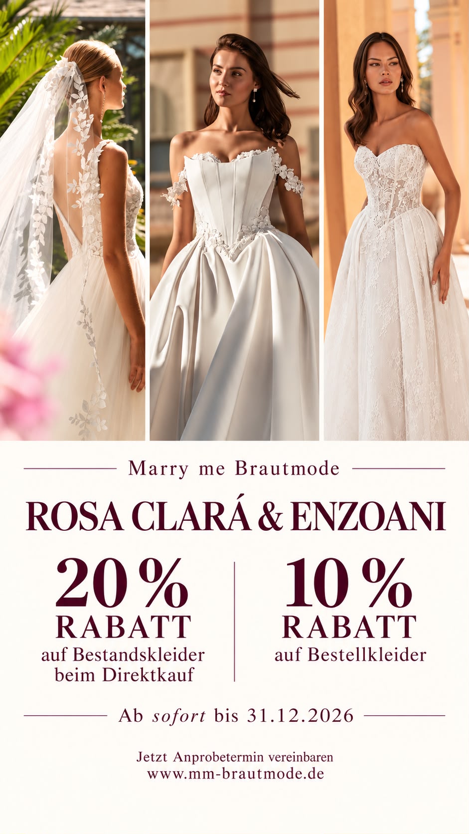 Aktion bei MarryMe Brautmode: Rosa Clará und Enzoani mit 20 % Rabatt auf Bestandskleider beim Direktkauf und 10 % Rabatt auf Bestellkleider, ab sofort bis 31.12.2026